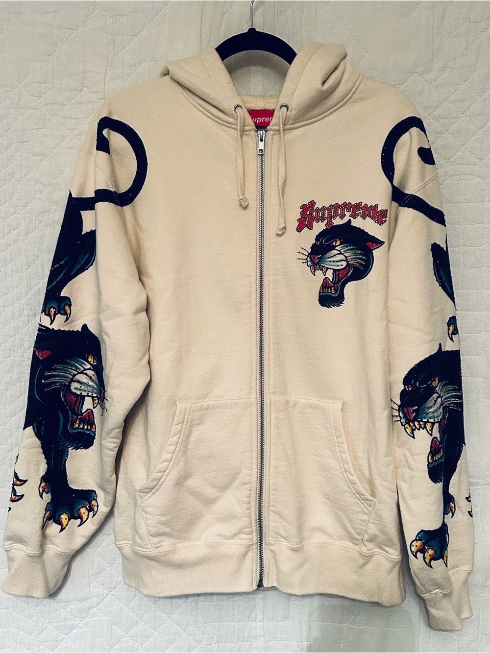 Supreme Cream Full Zip Fleece Hooded Hoodie w/ Pockets Panther Graphic M
